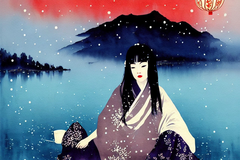 Traditional geisha illustration by serene lake with mountains and red lantern