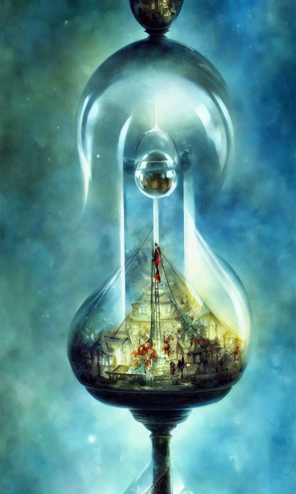 Fantastical painting: Person climbing inside hourglass with miniature city and water elements