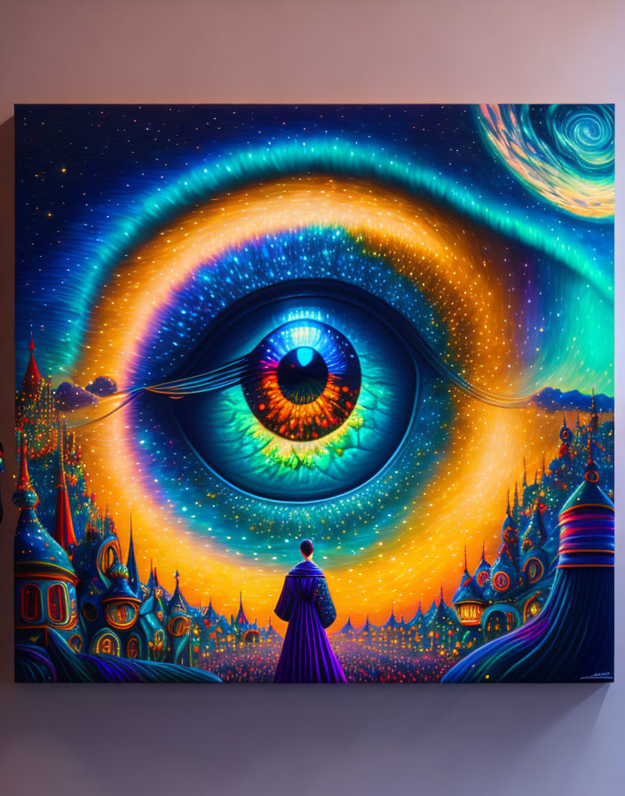 Surreal cosmic eye in vibrant painting with fantasy landscape