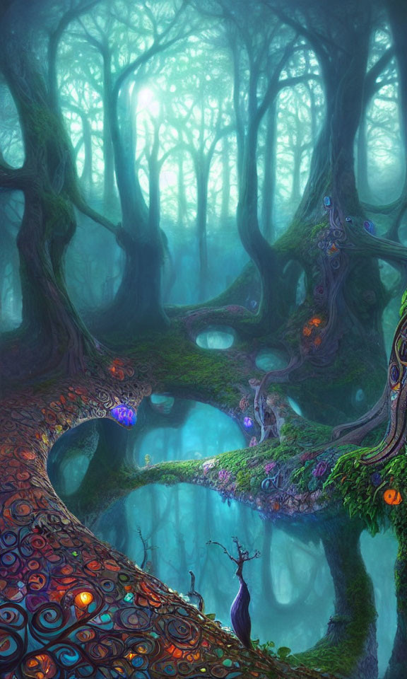 Enchanting forest with twisted trees, blue pond, mystical pathway