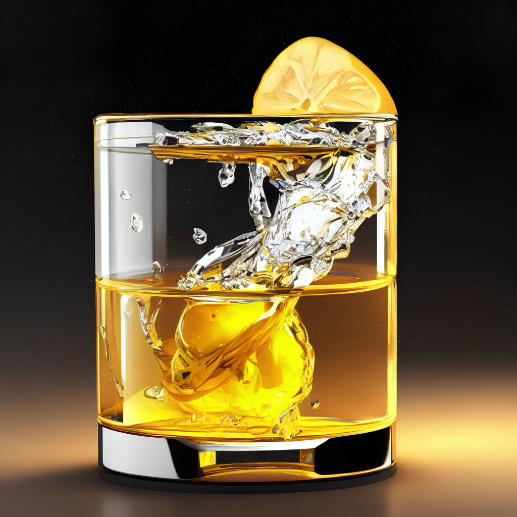 Whiskey glass with ice, lemon wedge, and splash on dark background