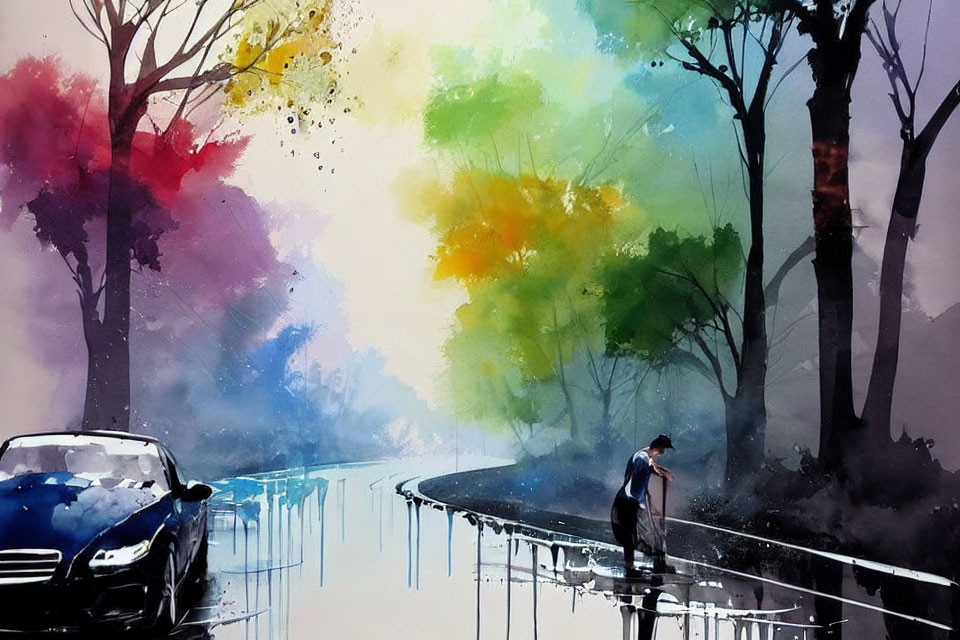 Colorful watercolor painting of person with umbrella, reflective road, trees, car, dreamy sky