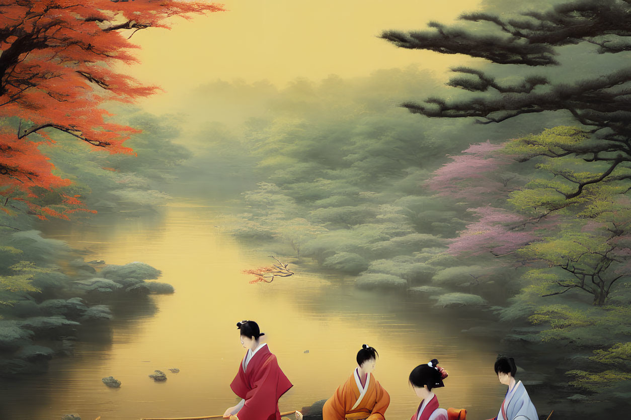 Three people in traditional Japanese attire by misty forest river