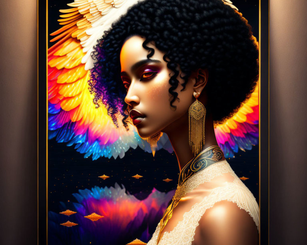 Illustrated portrait of woman with afro, gold jewelry, white dress, colorful wings, and feathers