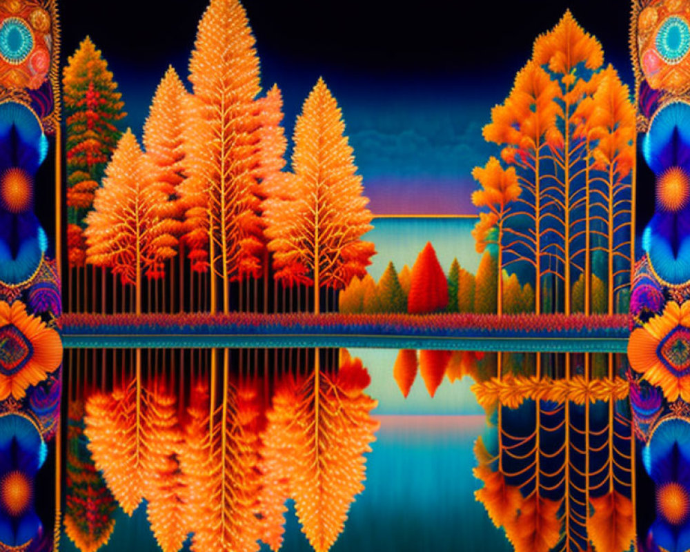 Symmetrical autumn trees reflected in water with colorful patterns