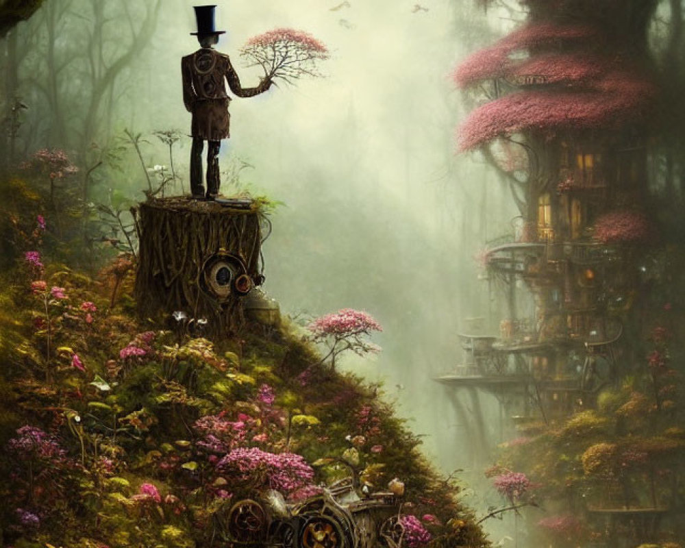 Whimsical forest with man in top hat, steampunk elements, and pink treehouses