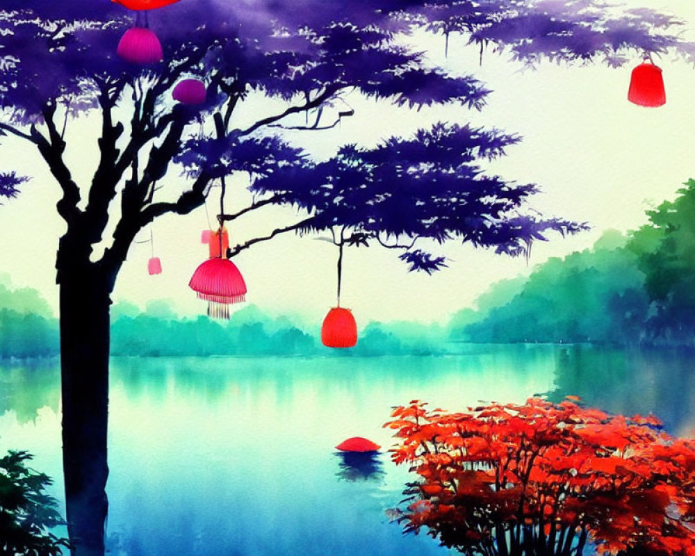 Watercolor painting of serene lake scene with red lanterns and purple tree, reflecting on water with red