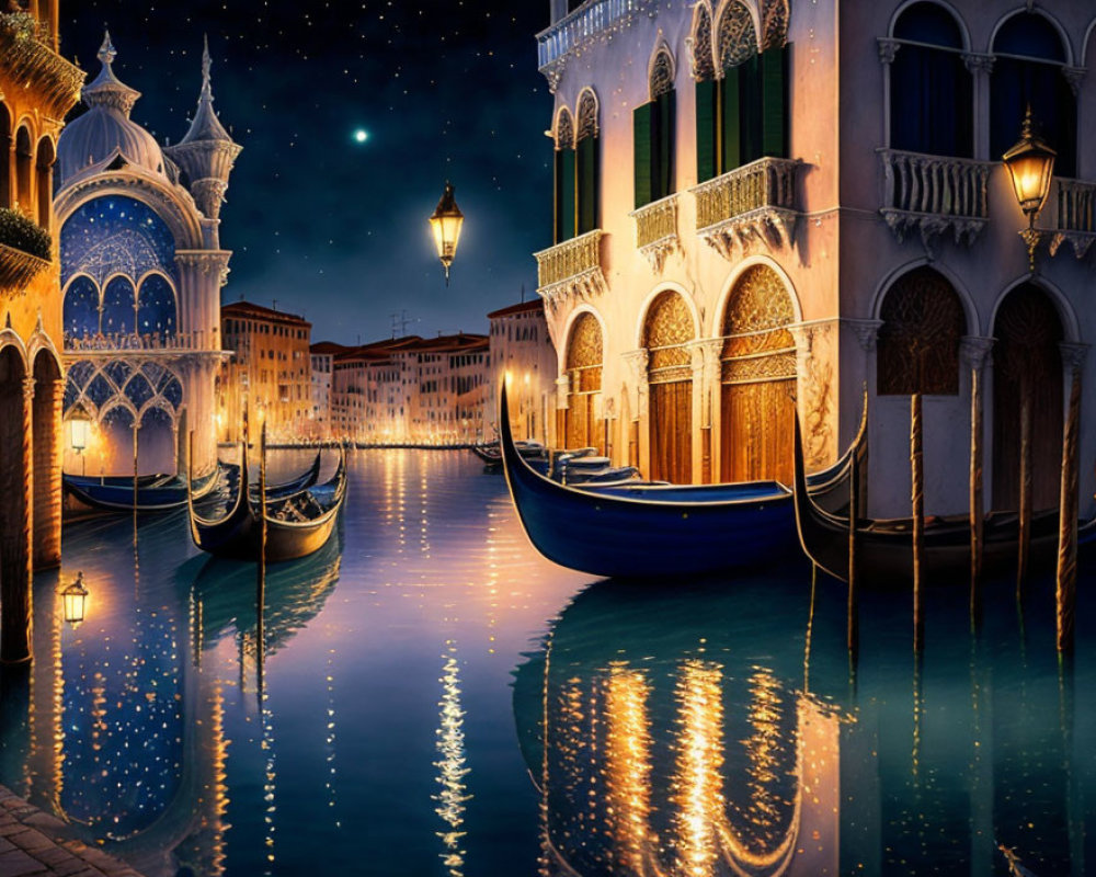 Venetian canal at night with gondolas and historic buildings