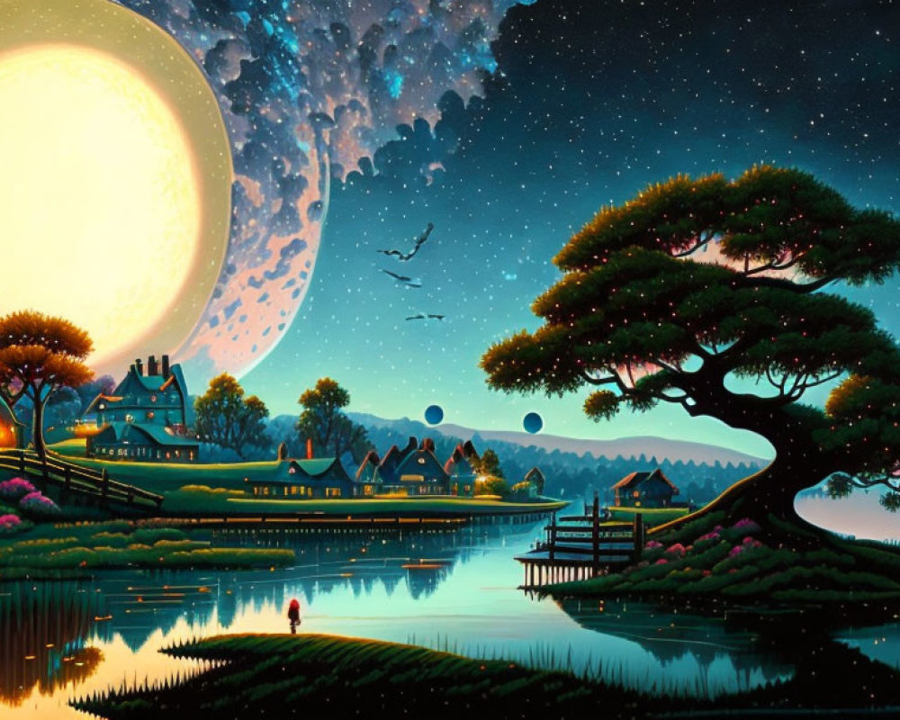 Fantastical night landscape with giant moon, glowing houses, serene lake, trees, person on dock