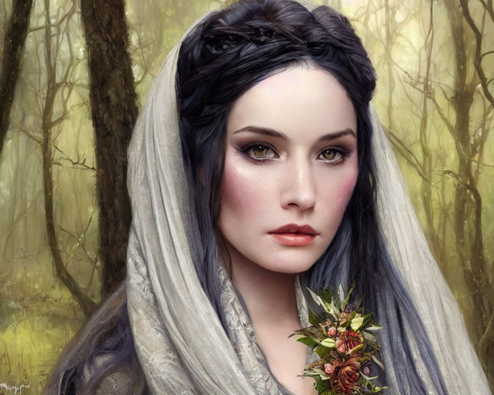 Digital portrait of woman with black braided hair and flowers against misty forest backdrop