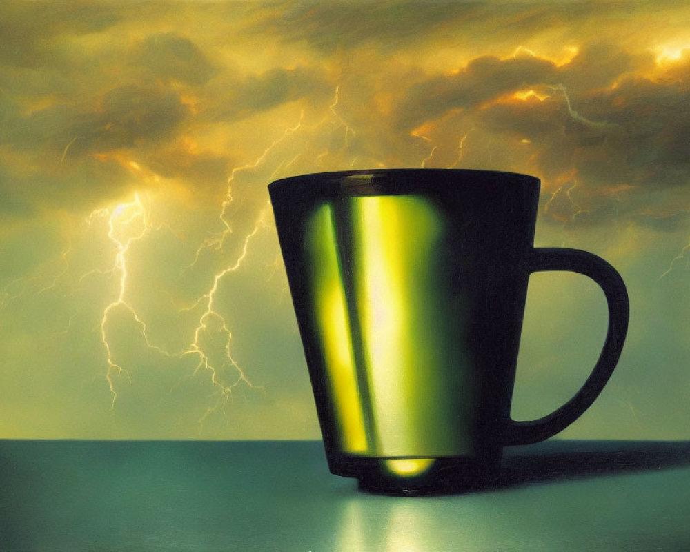 Black mug reflecting green light on stormy sky background