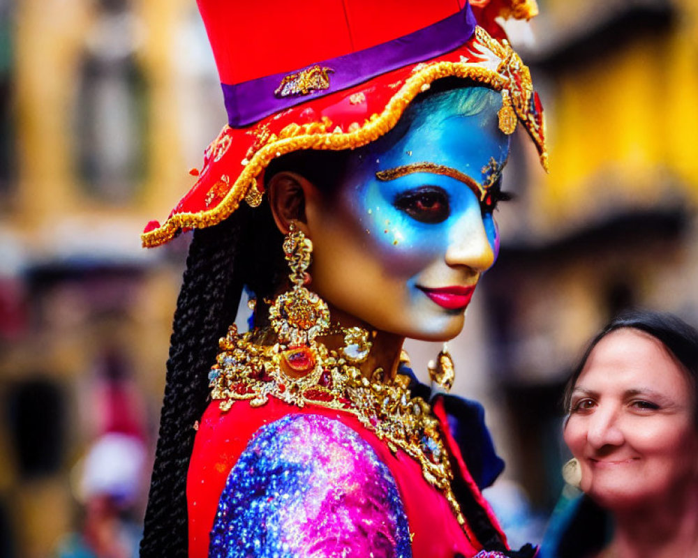 Vibrant blue face paint and golden headgear on person in purple outfit