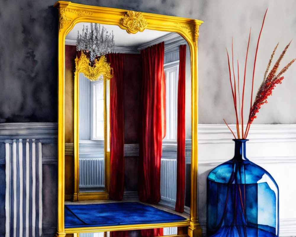 Ornate golden mirror reflecting room with red curtains, white radiator, wood floor, and vase with