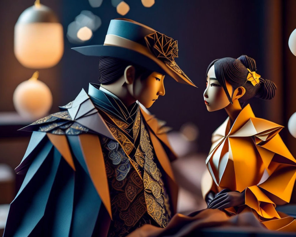 Stylized origami figures in dim room with lanterns