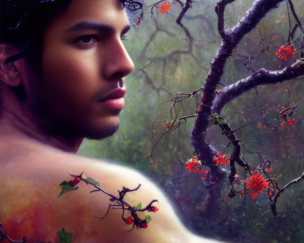 Male figure with nature elements in misty backdrop: digital artwork