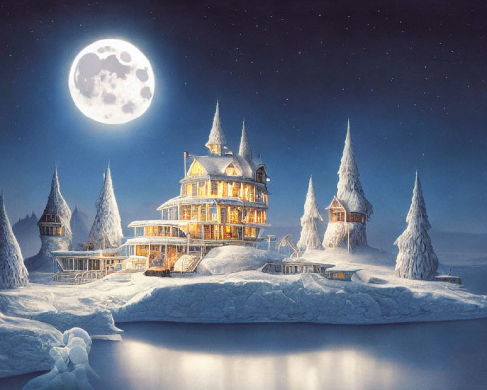 Victorian-style mansion in snow-covered island under full moon