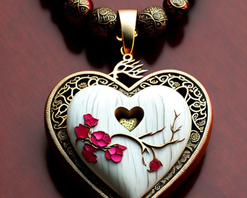 Floral and Tree Motif Heart Pendant on Beaded Necklace against Red Background