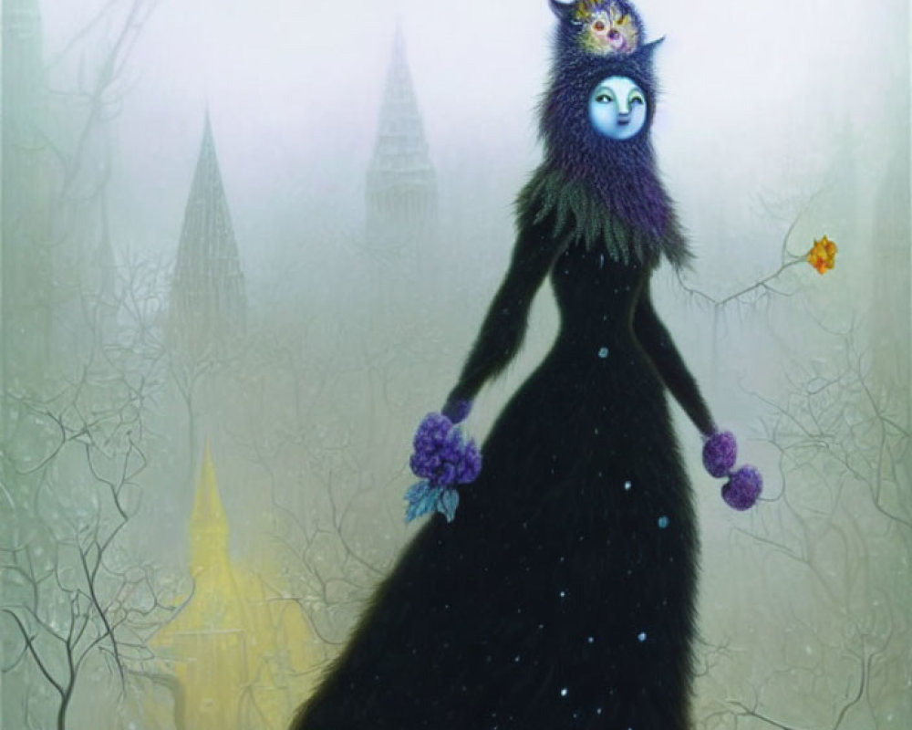 Mystical anthropomorphic feline in dark dress in enchanting forest