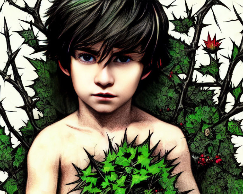 Digital artwork of intense-eyed boy in green leaves and thorns