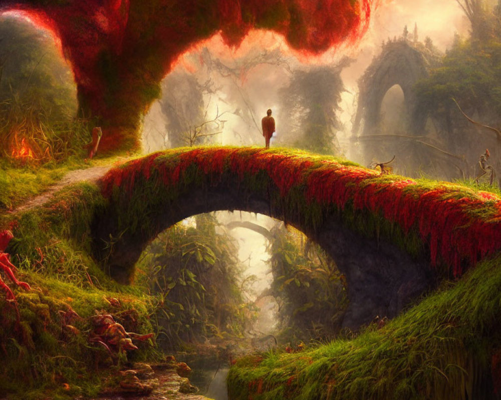 Figure on overgrown stone bridge in misty landscape with red foliage and river