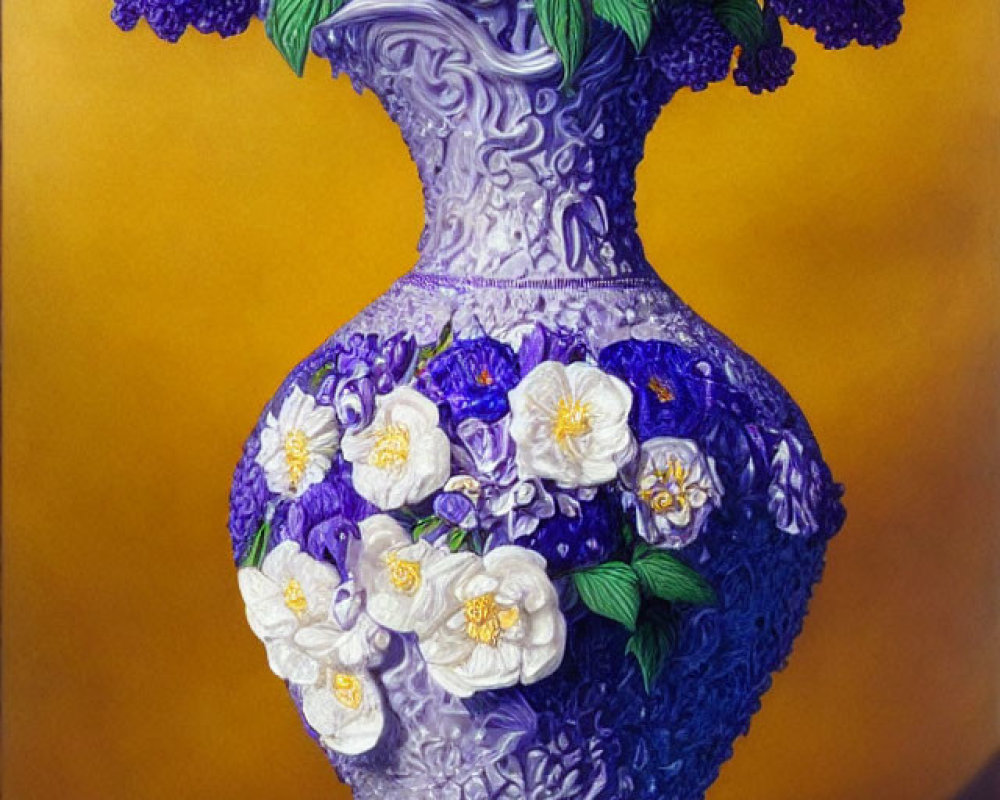 Ornate purple vase with embossed flowers on creamy yellow background