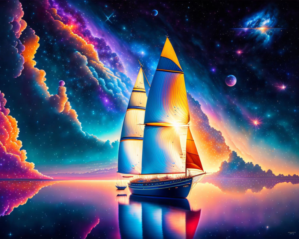 Colorful sailboat illustration on calm cosmic waters with stars and planets.