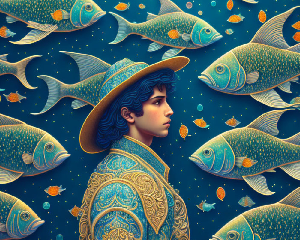 Illustration of person with blue hair and hat, surrounded by ornate fish on dark blue background