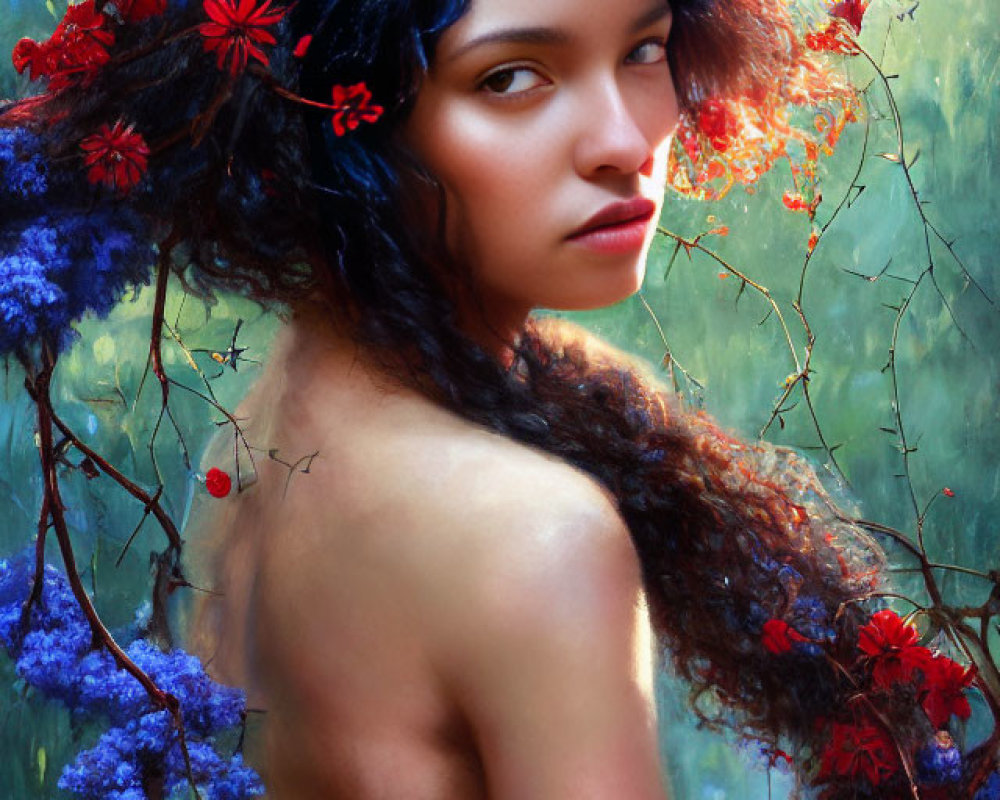 Woman with floral wreath in hair surrounded by greenery and red flowers