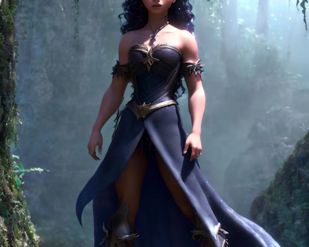 Dark Curly-Haired Female Character in Fantasy Armor in Mystical Forest