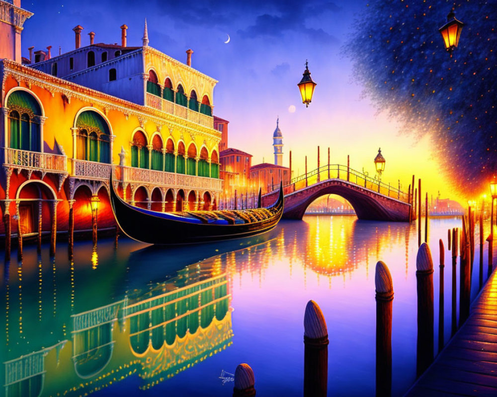 Twilight painting of Venice with gondola, bridge, colorful buildings, starry sky