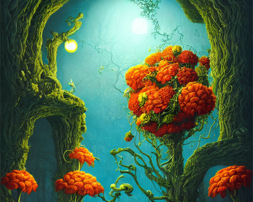 Fantastical forest scene with oversized orange flora and twisted green trees under turquoise light