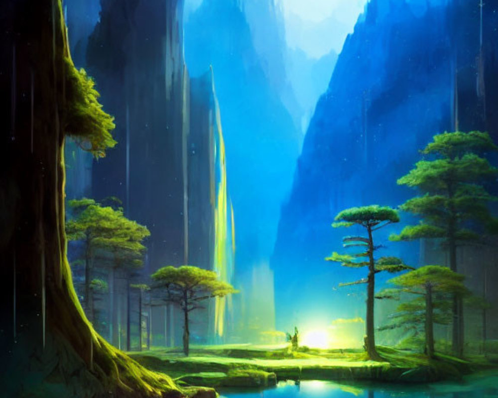 Mystical landscape with towering cliffs, serene lake, waterfalls & ethereal light