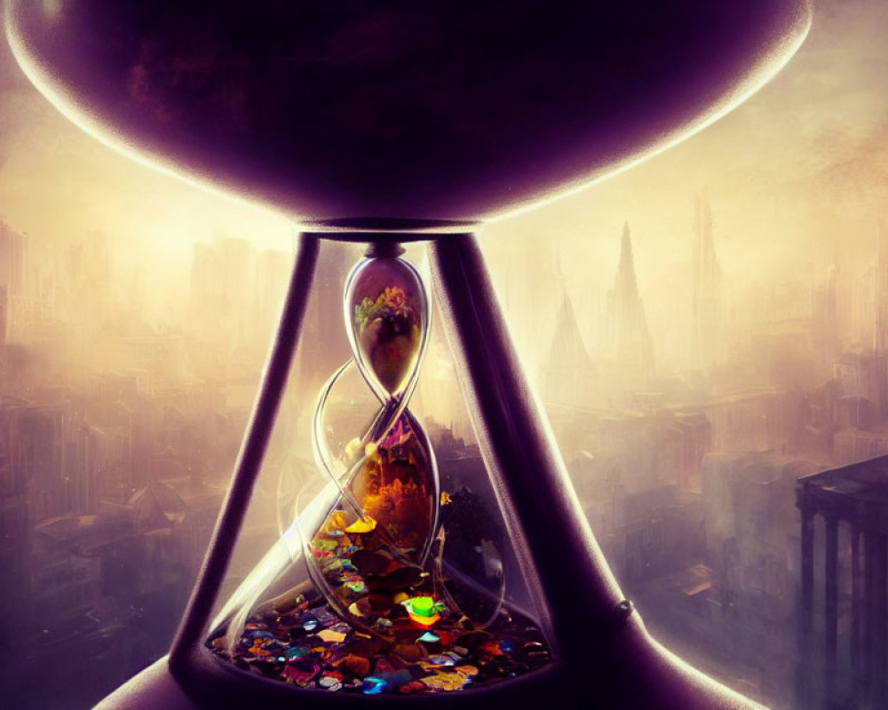 Surreal image: Large hourglass over ancient cityscape with colorful gems