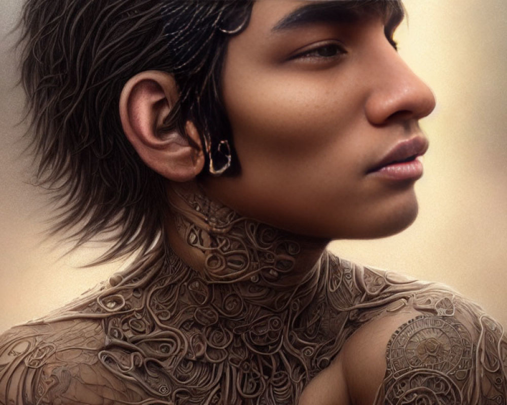 Portrait of a person with intricate neck and shoulder tattoos, detailed ear piercing, and styled hair