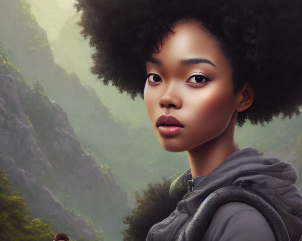 Digital artwork of young woman with afro hairstyle and child in misty mountain landscape