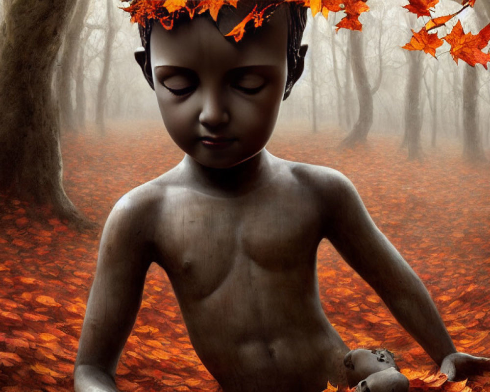 Surreal autumnal scene: child statue in misty forest with red leaves