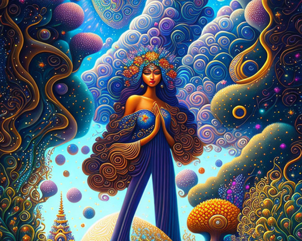 Colorful cosmic-themed illustration of a woman in vibrant, whimsical surroundings