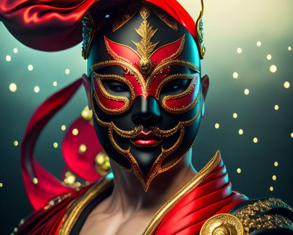 Ornate Red and Gold Masked Person in Festive Costume