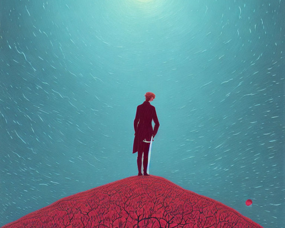 Figure with Umbrella Among Red Trees Under Starry Sky