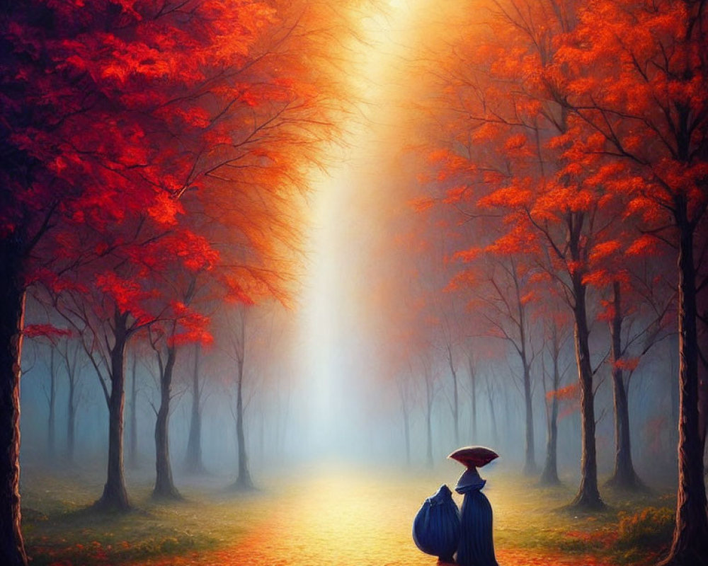 Person in traditional attire on vibrant red-leafed path in misty forest with sunlight.