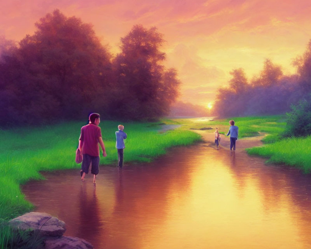 Tranquil sunset scene: People walking by water path in lush greenery