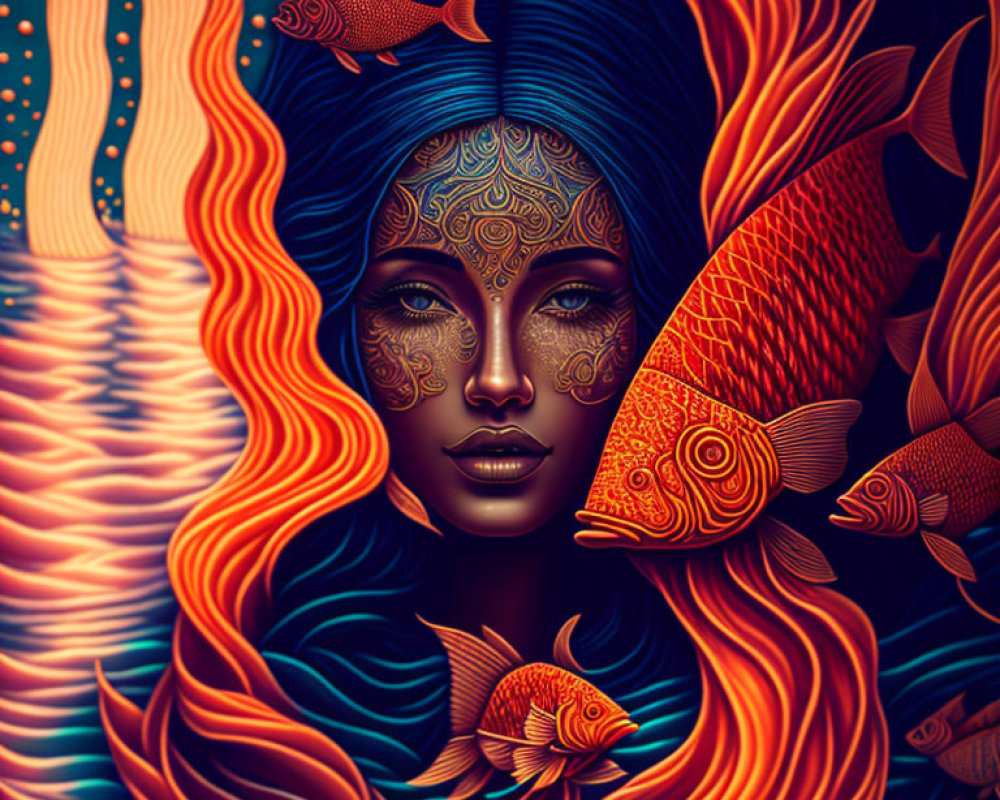 Woman with Intricate Skin Patterns Surrounded by Orange Waves and Fish