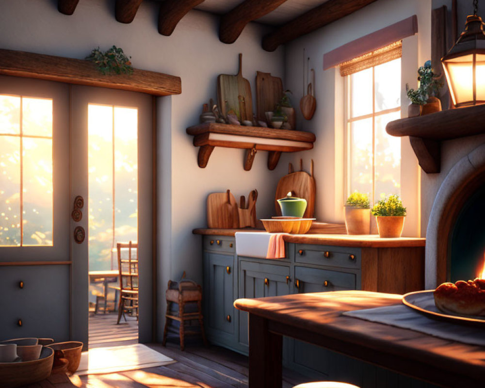 Rustic kitchen with wooden table, cabinets, and oven in warm sunlight