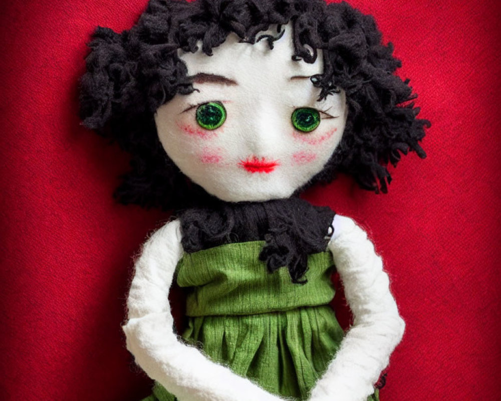 Handmade Doll with Black Curly Hair and Green Eyes in Green Dress