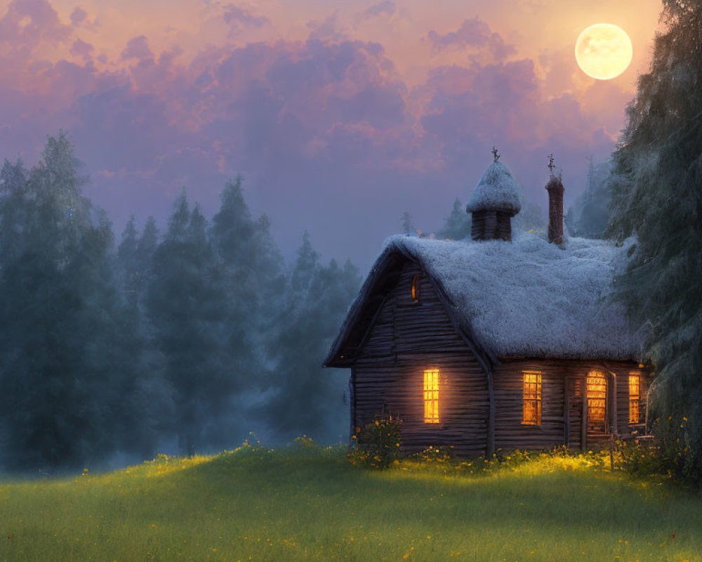 Cozy wooden house in snowy meadow at dusk