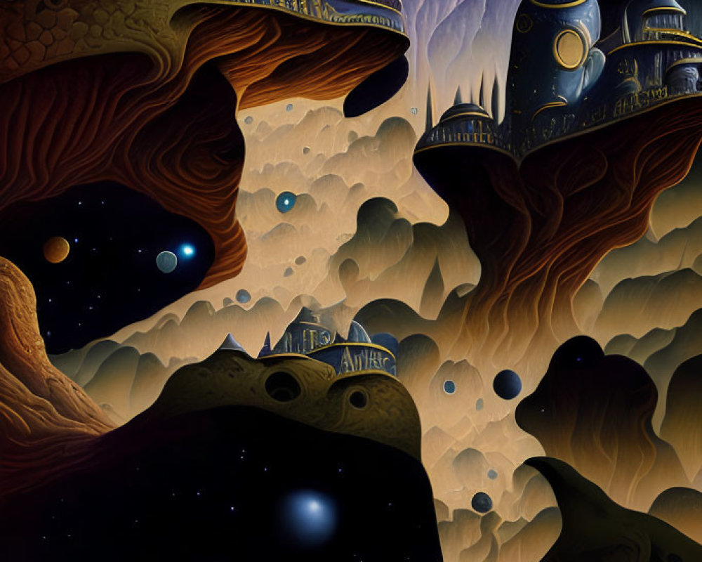 Surrealist landscape with floating islands and futuristic structures