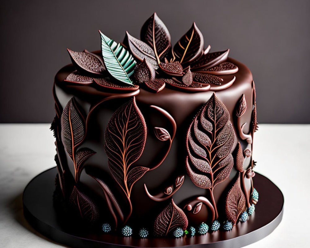 Chocolate cake with leaf designs and blue beads on black base