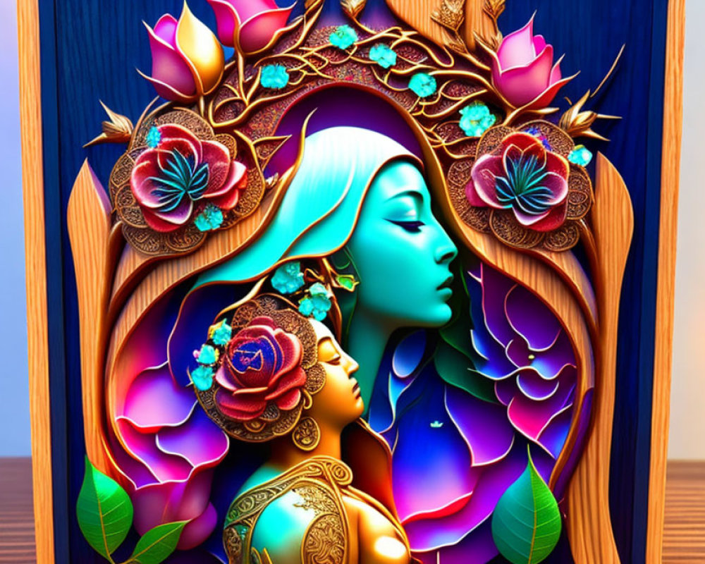 Colorful Artwork of Two Women with Floral Elements in Wooden Frame