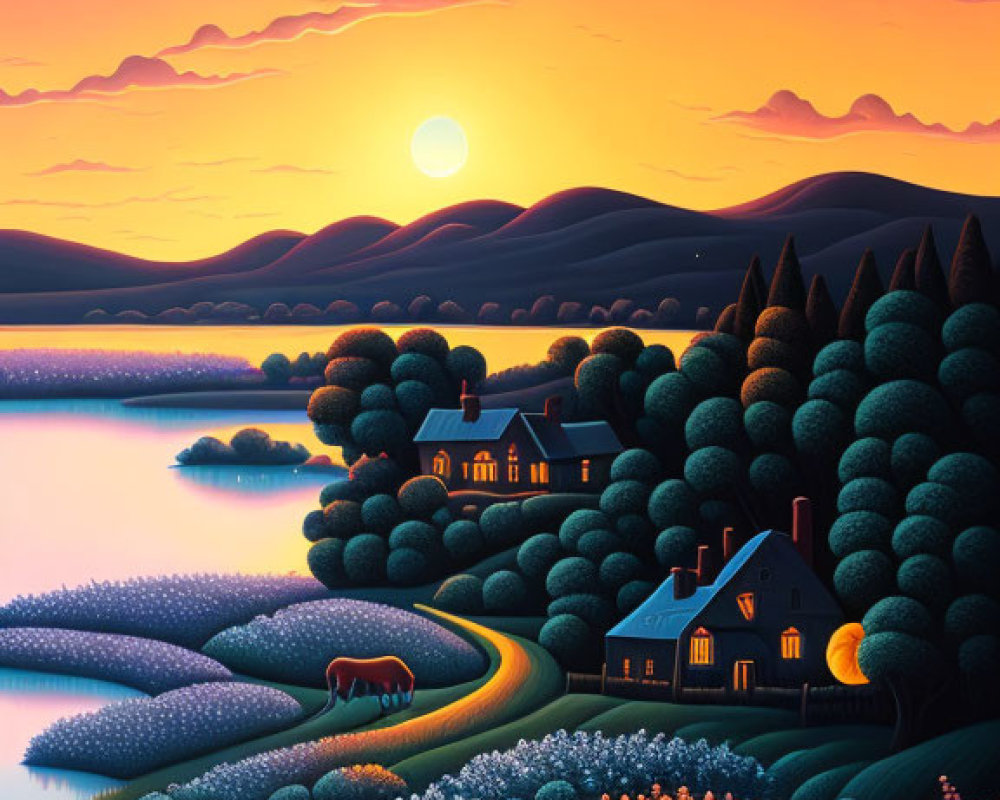 Stylized painting of countryside at dusk with rolling hills, house, car, trees, lake,