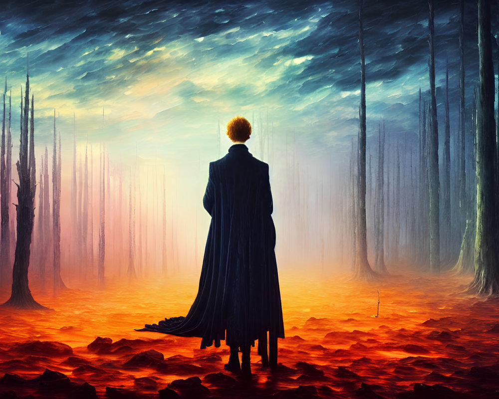 Figure in Black Coat Contemplating Surreal Forest Scene